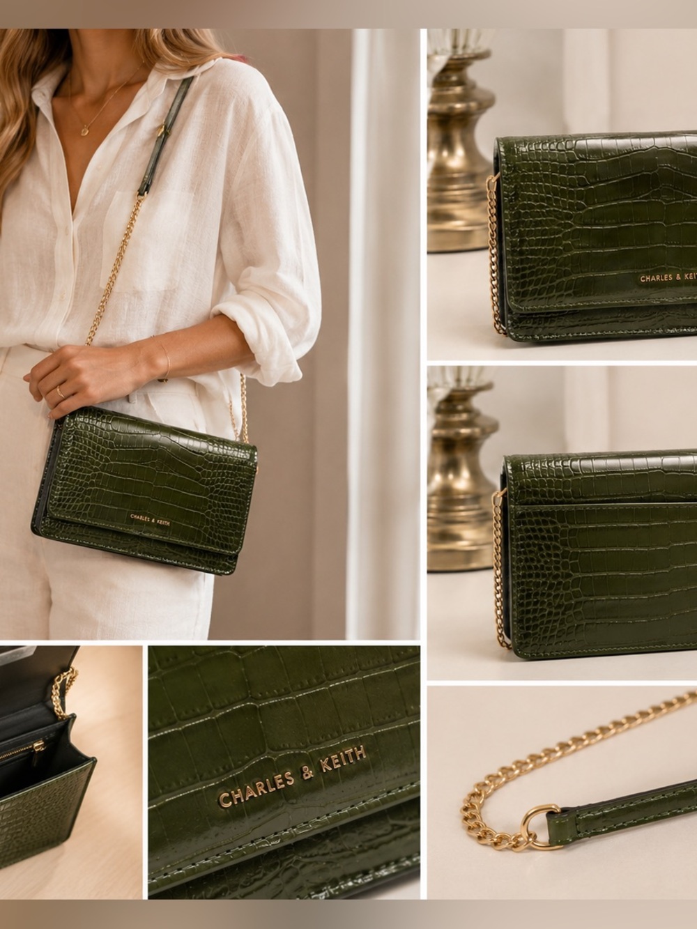 Green Croc Embossed Crossbody Bag | Gold Chain Purse